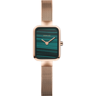 Reloj BERING de caja cuadrada oro rosa con correa malla, esfera azul verdosa rayada