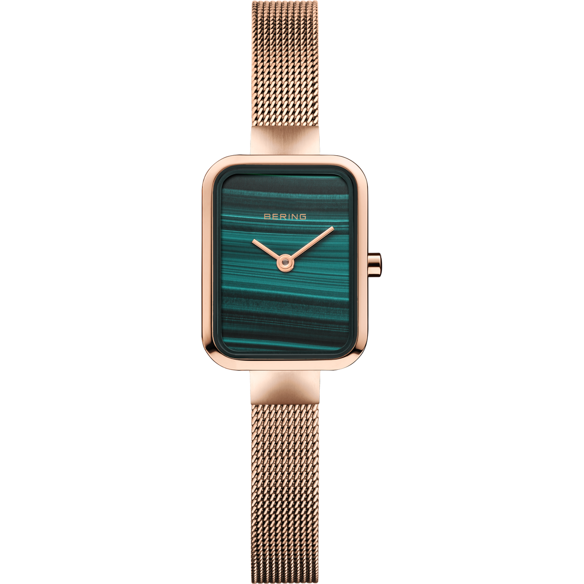 Reloj BERING de caja cuadrada oro rosa con correa malla, esfera azul verdosa rayada