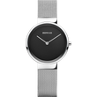 BERING wristwatch with black dial, white hands, silver round case, and mesh metal bracelet.