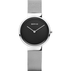 Reloj de pulsera BERING con esfera negra, agujas blancas, caja redonda plateada y pulsera de malla metálica.