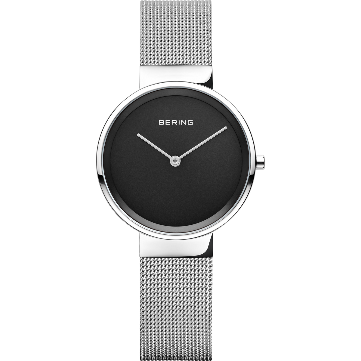 Reloj de pulsera BERING con esfera negra, agujas blancas, caja redonda plateada y pulsera de malla metálica.
