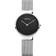 Reloj de pulsera BERING con esfera negra, agujas blancas, caja redonda plateada y pulsera de malla metálica.