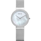 BERING Armbanduhr mit Perlmutt-Zifferblatt, Kristallbesatz, schlichte Zeiger und Mesh-Armband