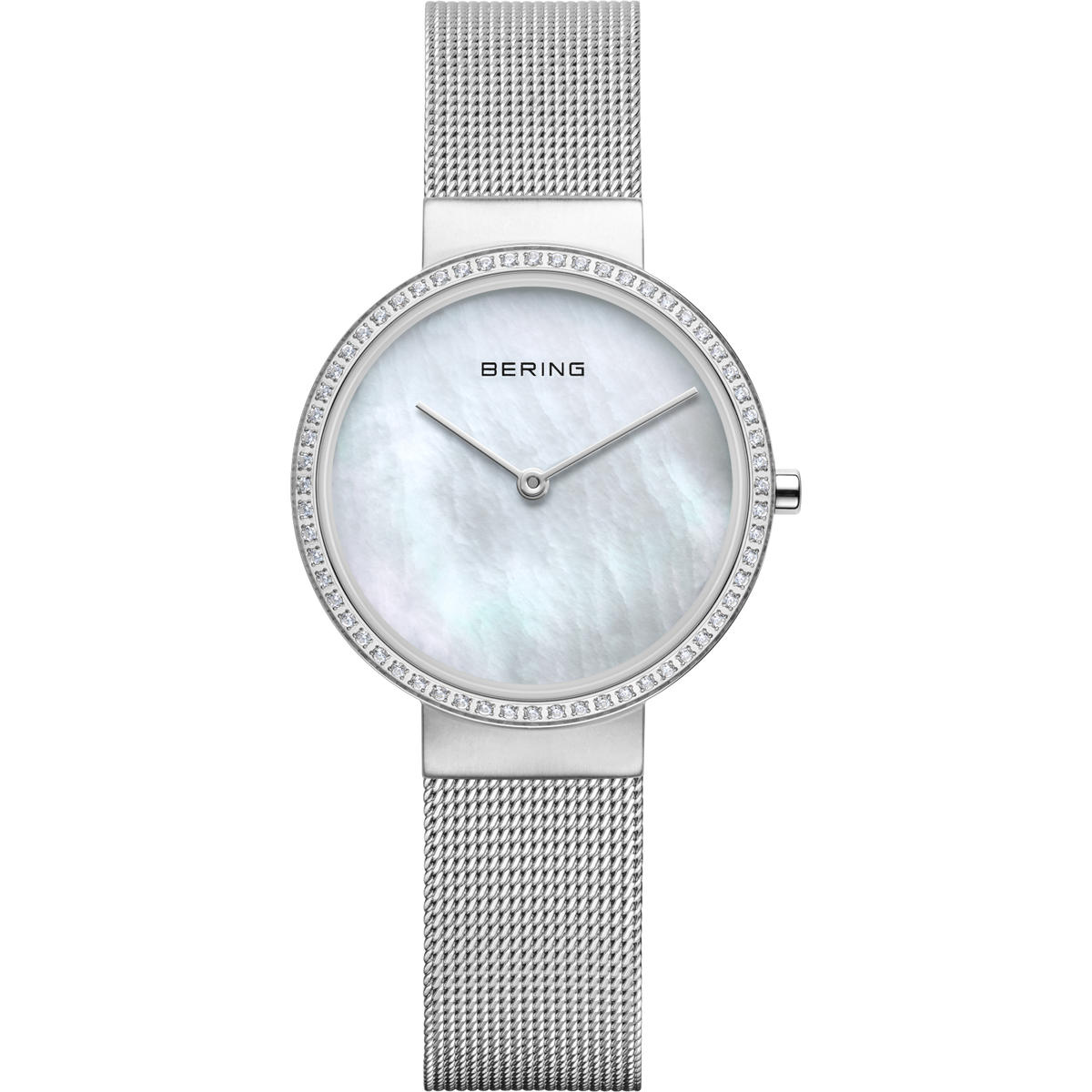BERING Armbanduhr mit Perlmutt-Zifferblatt, Kristallbesatz, schlichte Zeiger und Mesh-Armband