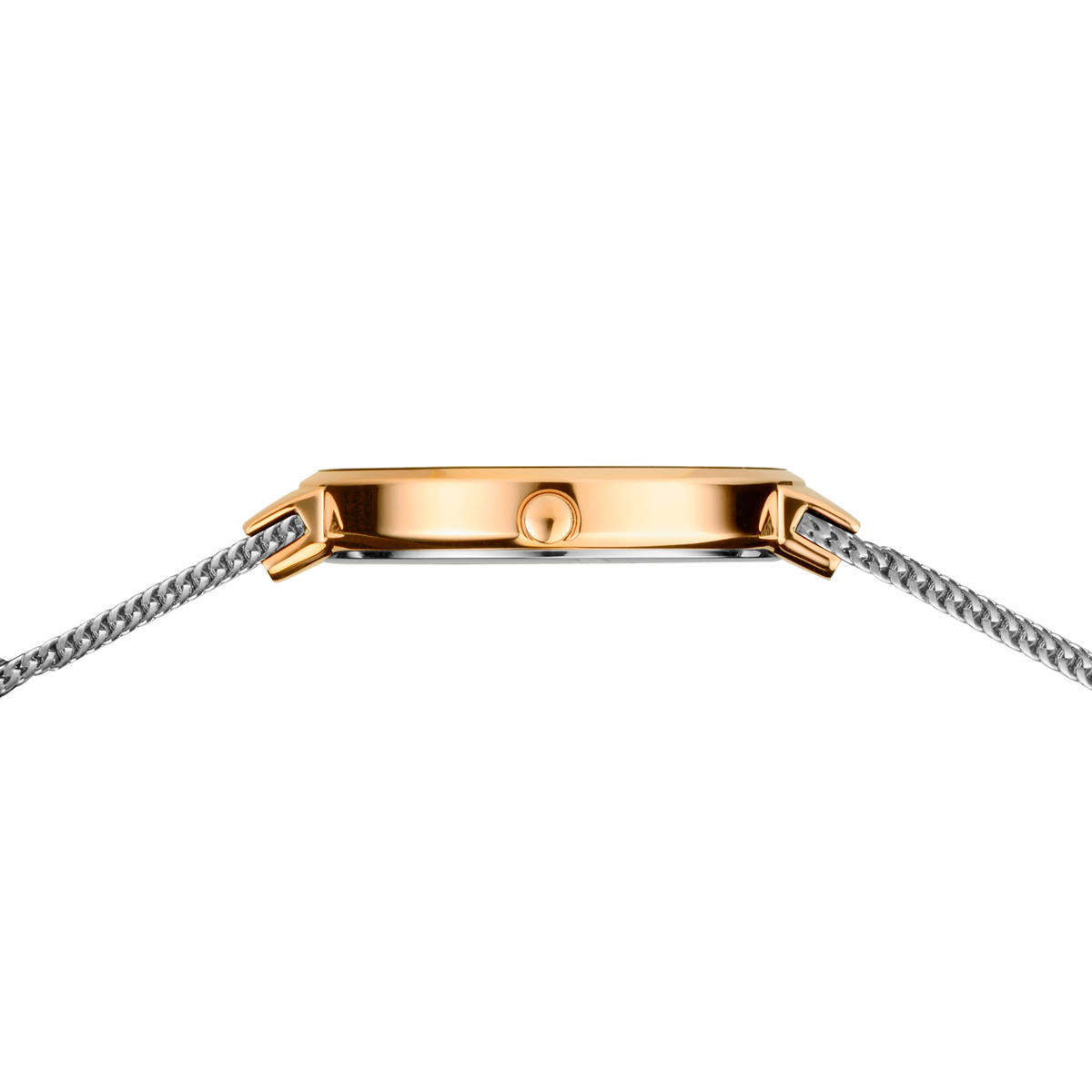 Roségoldenes Uhrengehäuse mit Krone, Draufsicht auf strukturierte Armbandansatzstücke