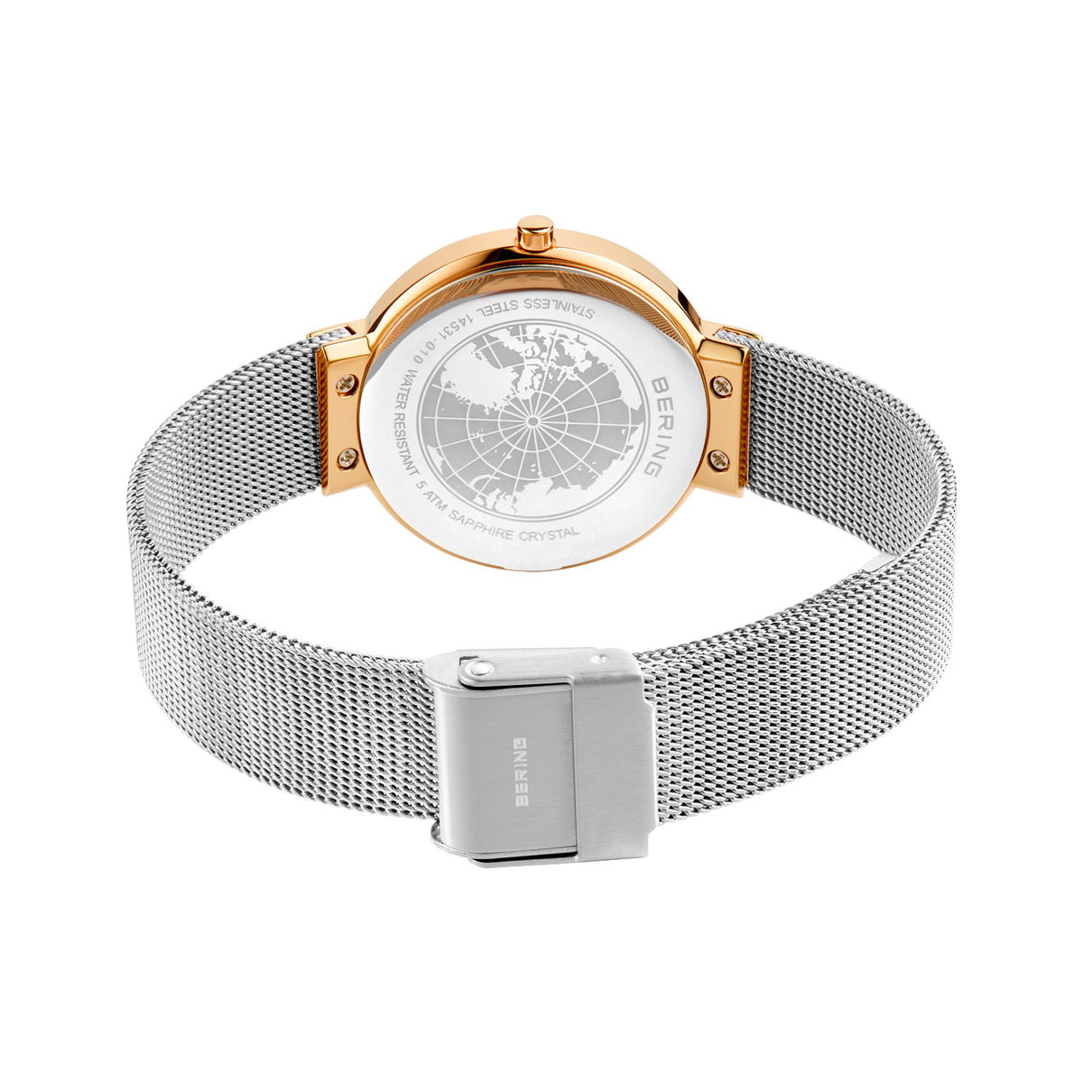 BERING-Uhr mit champagnefarbenem Gehäuse und silbernem Mesh-Band, Rückansicht mit Magnetverschluss.