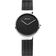 Armbanduhr mit rundem schwarzem Zifferblatt, weißen Zeigern, Chromgehäuse und schwarzem Netzarmband