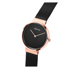 BERING wristwatch with rose gold case and black mesh strap, displayed at an angle