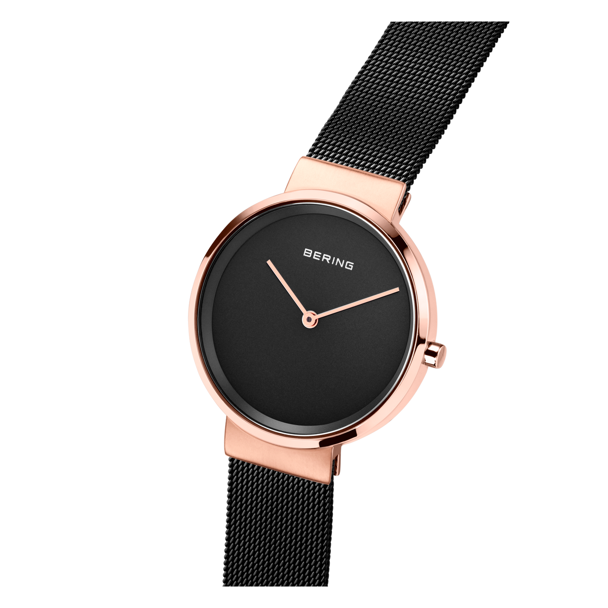 BERING wristwatch with rose gold case and black mesh strap, displayed at an angle