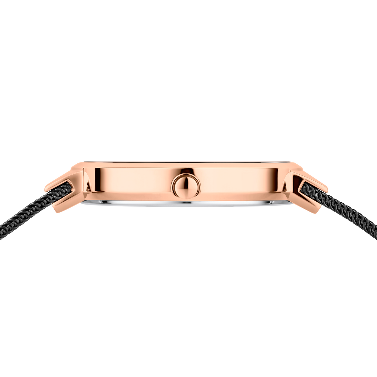 Rose gold watch case viewed from the side, with black textured band, showing case profile.