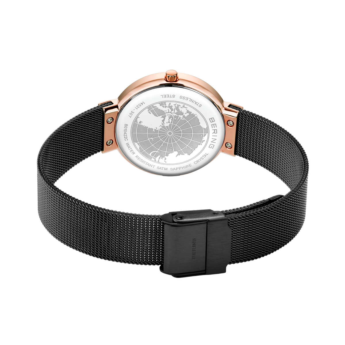 Watch with rose gold case and black mesh band, shown from above with back detail visible