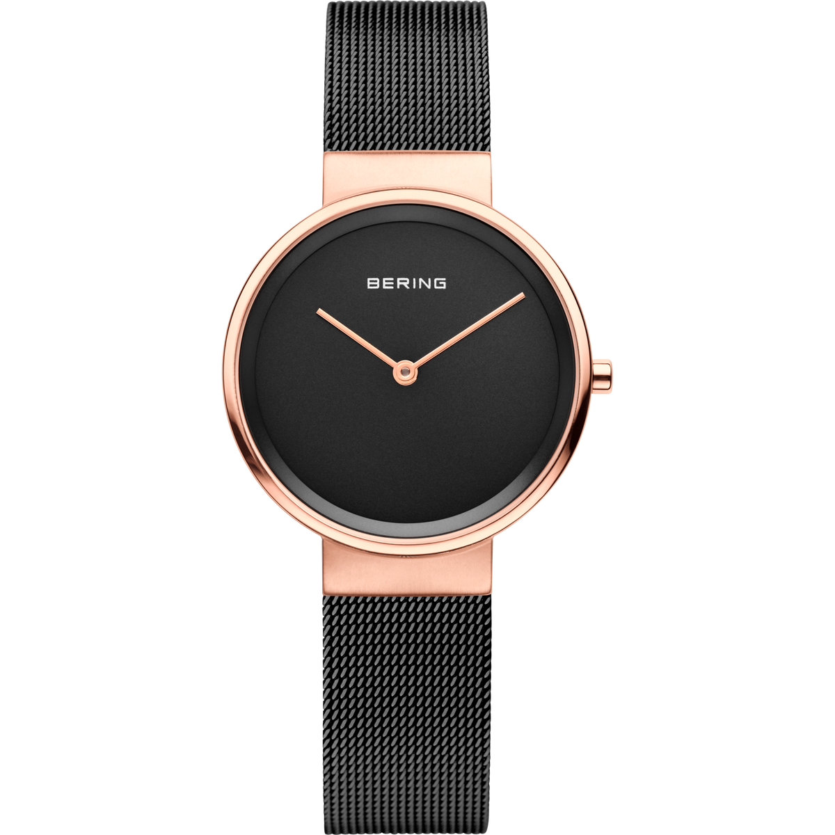 BERING wristwatch with black dial, rose gold case and hands, black mesh band