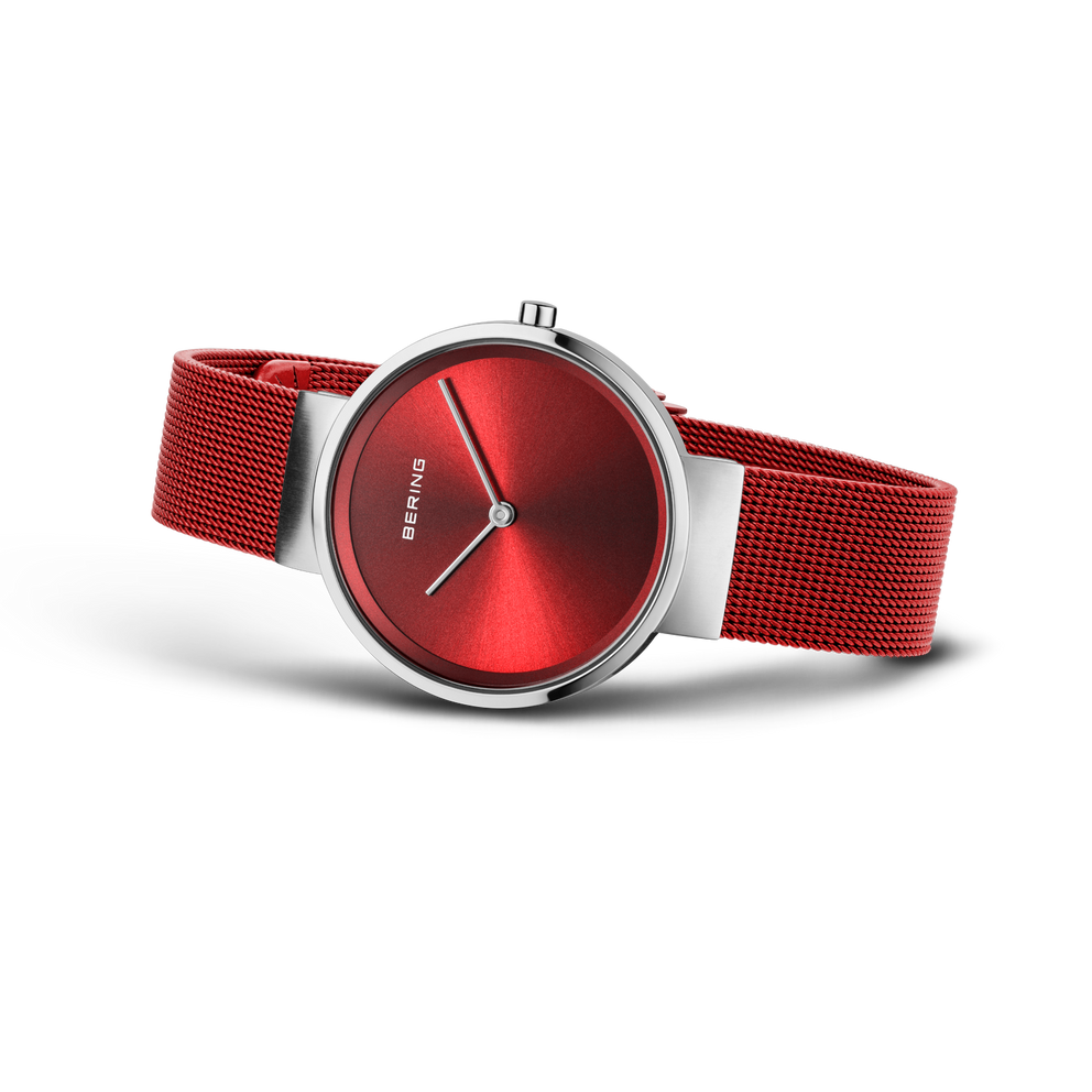 Reloj de pulsera BERING con esfera roja y caja de metal plateada, correa mesh roja
