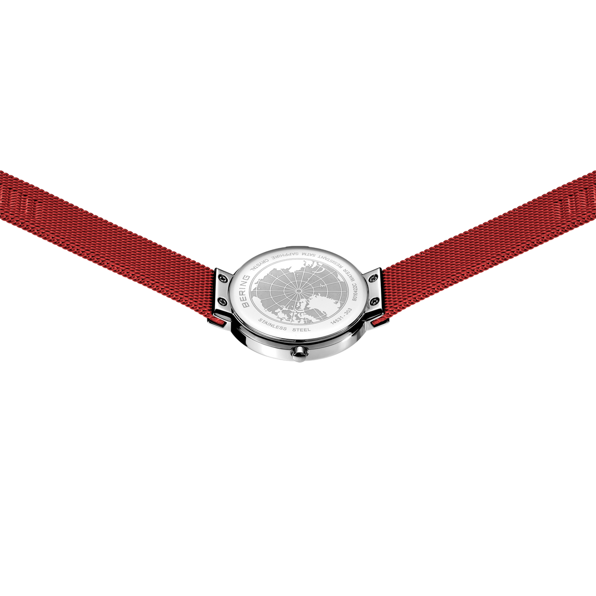 Reloj redondo con caja de acero inoxidable y esfera clara, vista desde arriba, correa textil roja