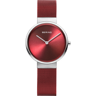 Reloj BERING con esfera burdeos, agujas blancas y pulsera de malla, vista frontal.