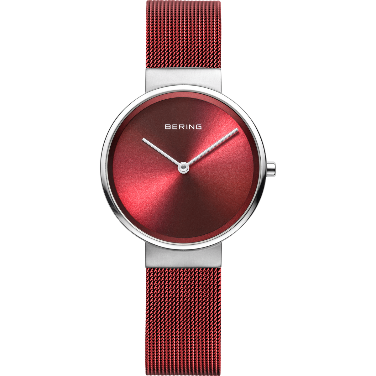 Reloj BERING con esfera burdeos, agujas blancas y pulsera de malla, vista frontal.