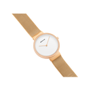 Roseguldfarvet armbåndsur med mesh-rem og minimalistisk hvidt urskive, fotograferet fra siden.