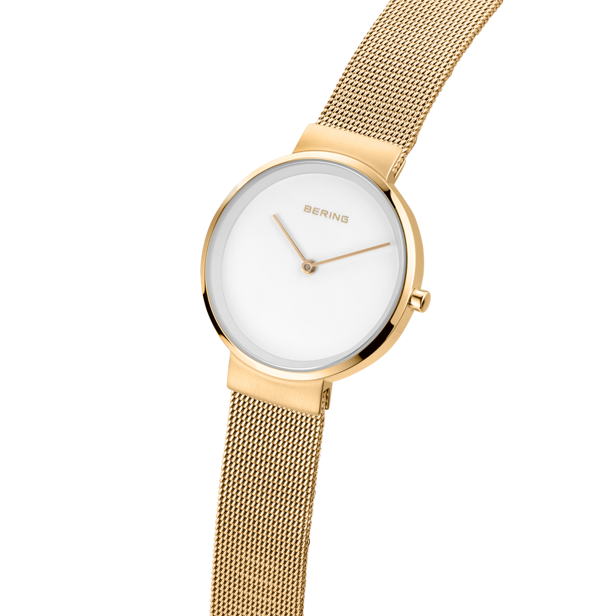 Reloj BERING redondo dorado con esfera blanca y correa de malla dorada, mostrado en ángulo