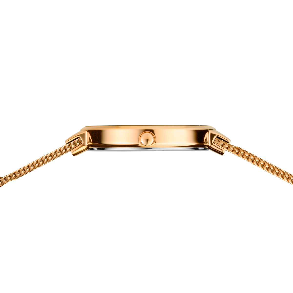 Caja de reloj dorada con pulsera de malla, vista de perfil