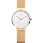 Reloj de pulsera BERING con esfera blanca, caja redonda dorada y correa de malla, vista frontal.