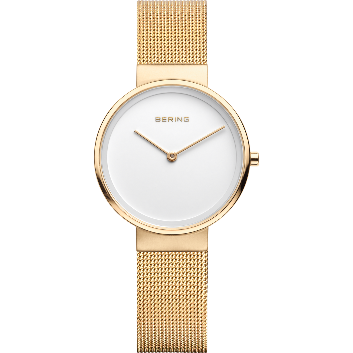 Reloj de pulsera BERING con esfera blanca, caja redonda dorada y correa de malla, vista frontal.