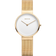 Reloj de pulsera BERING con esfera blanca, caja redonda dorada y correa de malla, vista frontal.
