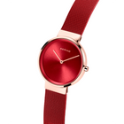 BERING horloge met rode wijzerplaat, roségouden kast en rood meshband