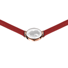 BERING horloge met roségouden kast en rood textielbandje, van boven gezien.
