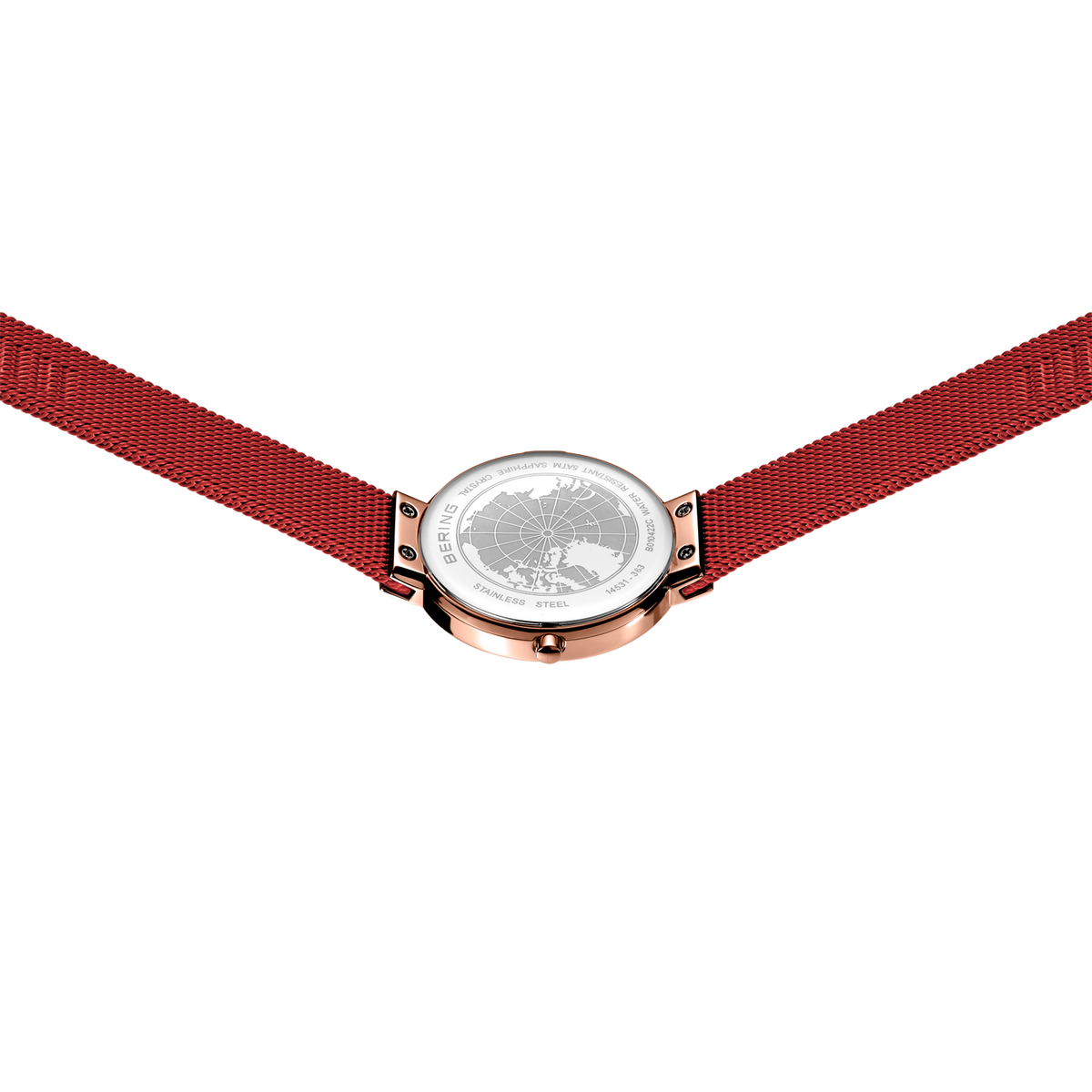 BERING horloge met roségouden kast en rood textielbandje, van boven gezien.