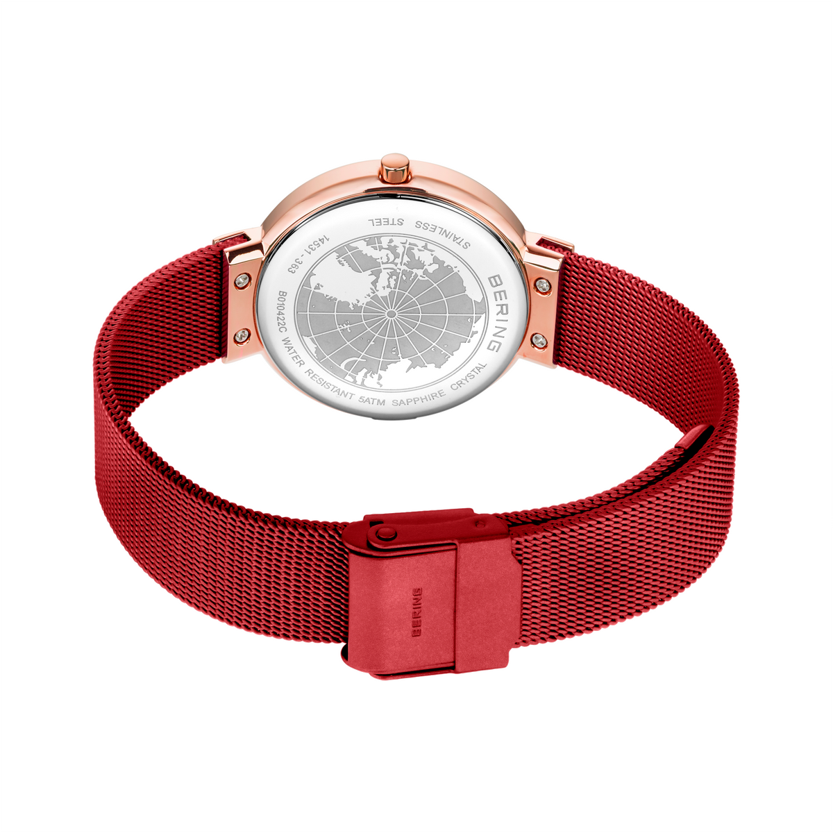 BERING horloge met zilveren wijzerplaat, roségoud kast en rood geweven band met magnetische sluiting, van boven.