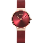 BERING horloge met roségouden kast, bordeauxrode wijzerplaat en mesh band.