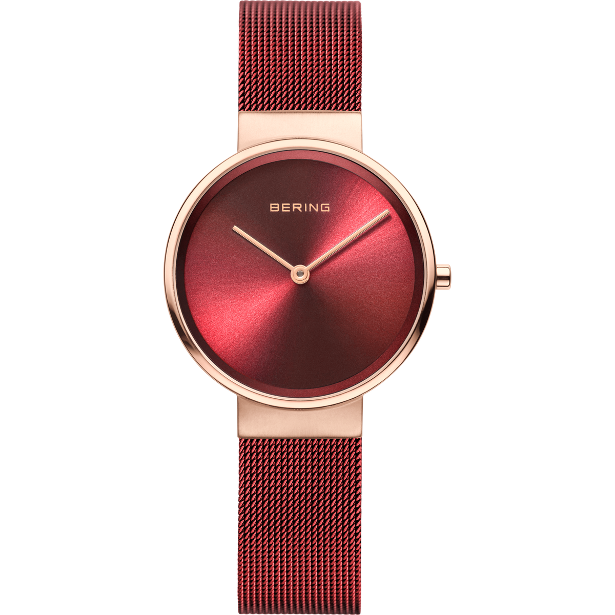 BERING horloge met roségouden kast, bordeauxrode wijzerplaat en mesh band.