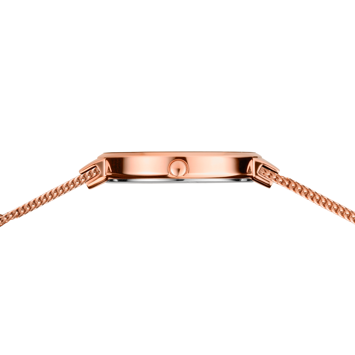 Roségold-Uhrengehäuse von oben im Winkel fotografiert, zeigt Mesh-Band und gerundetes Profil mit Krone.