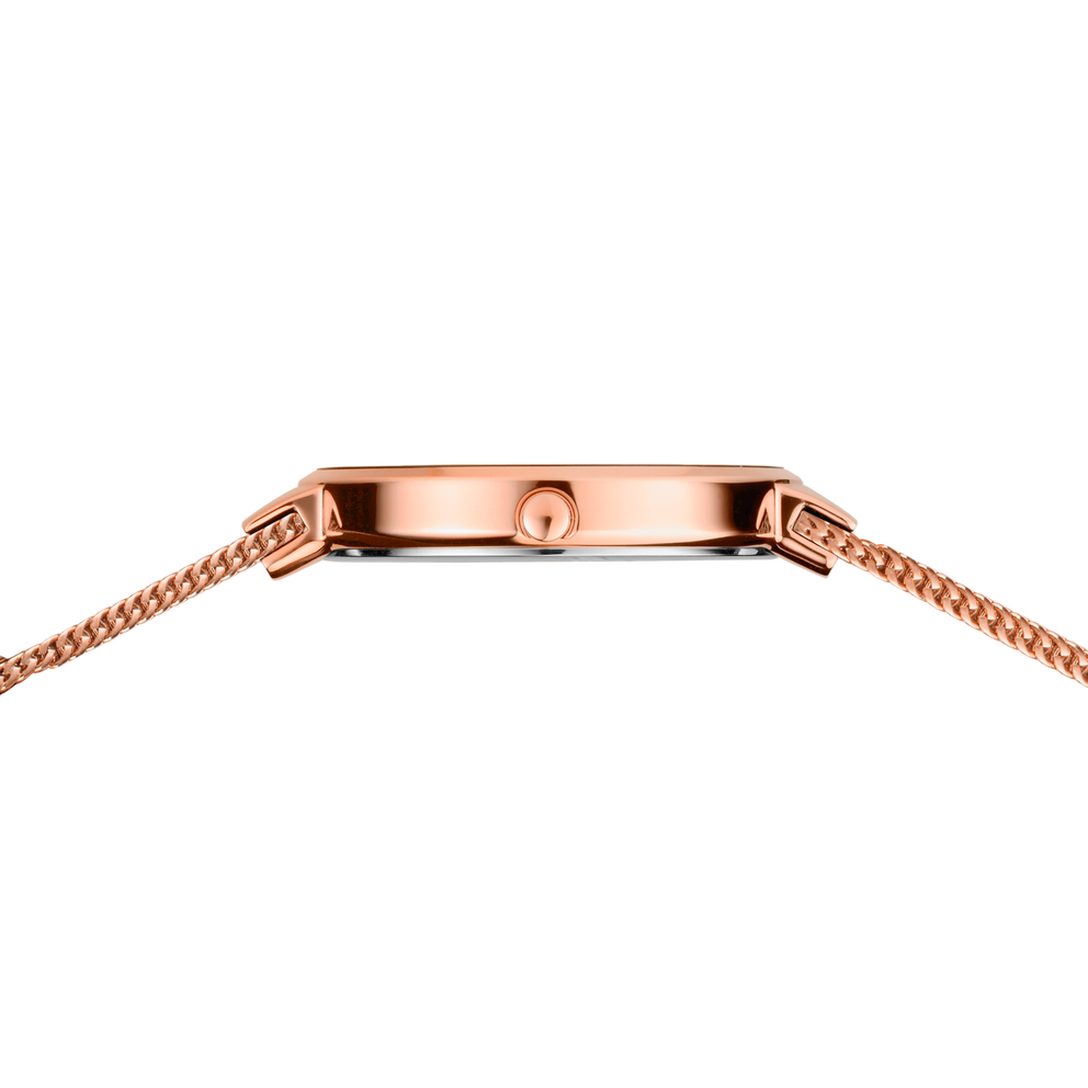 Roségold-Uhrengehäuse von oben im Winkel fotografiert, zeigt Mesh-Band und gerundetes Profil mit Krone.