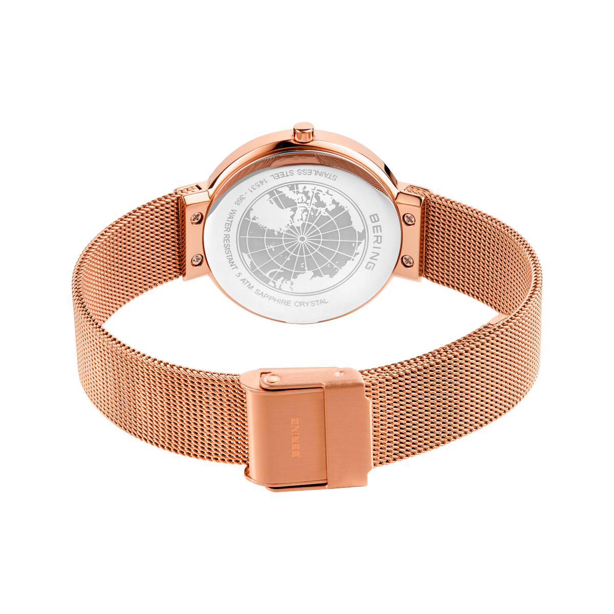 Roségoldene Meshband-Uhr mit Weltkartenzifferblatt, von hinten