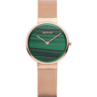 BERING-Armbanduhr mit grünem gestreiftem Zifferblatt, Roségold-Gehäuse und Mesharmband, Vorderansicht