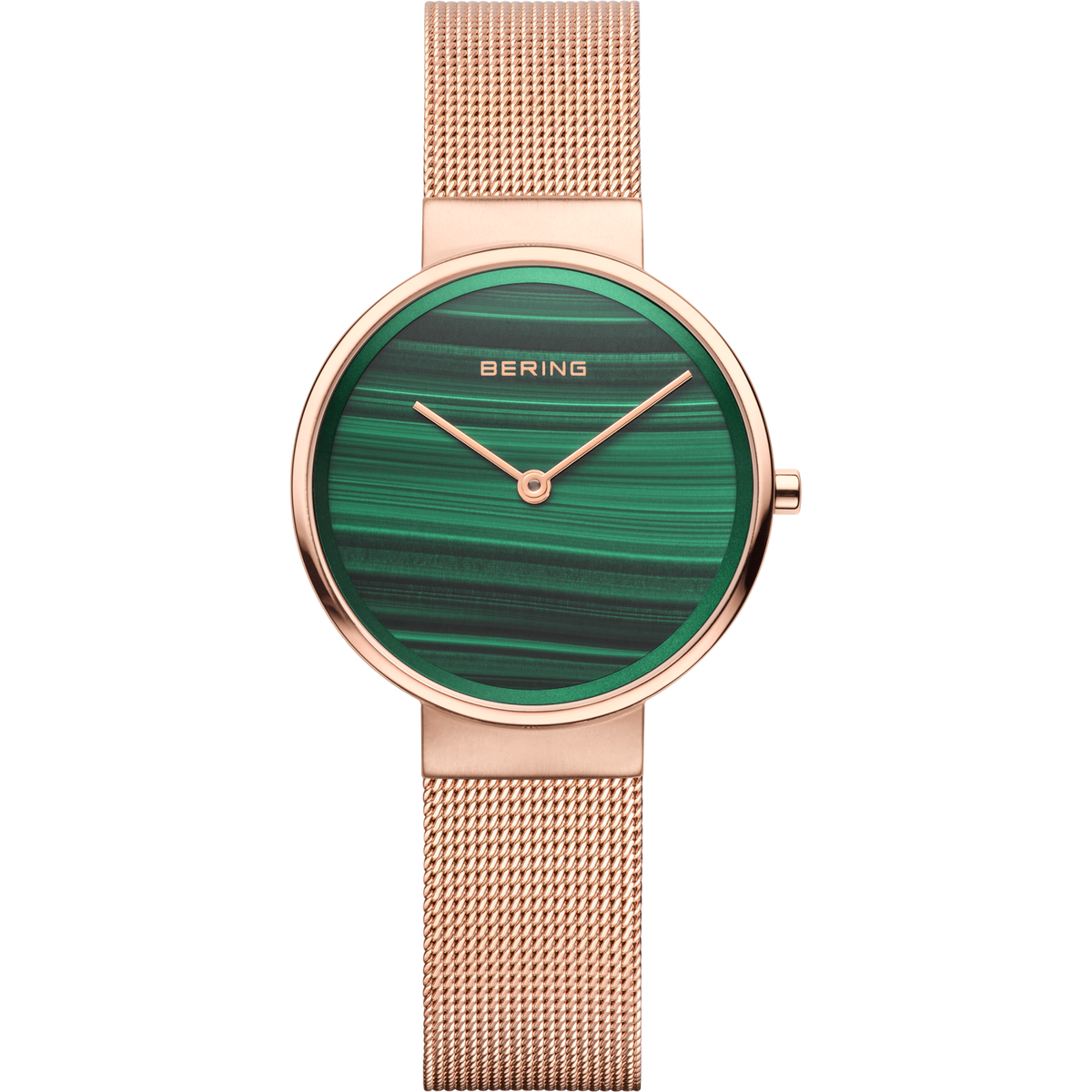 BERING-Armbanduhr mit grünem gestreiftem Zifferblatt, Roségold-Gehäuse und Mesharmband, Vorderansicht