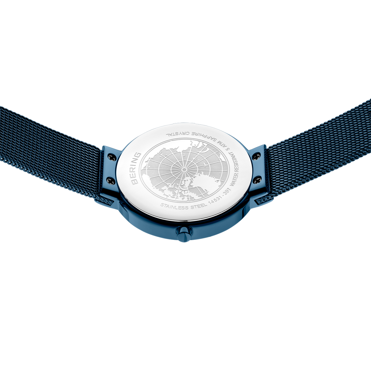 Reloj visto desde la parte trasera con correa azul marino y acentos azules en la caja