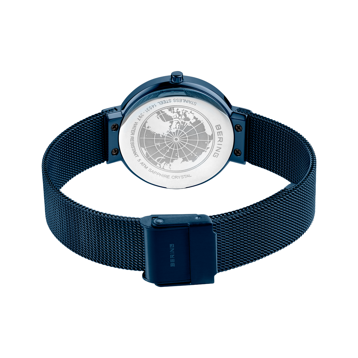 Reloj con pulsera de malla azul oscuro y esfera redonda, visto desde arriba con cierre magnético.