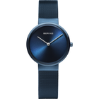 Reloj BERING con esfera azul marino y correa de malla azul, diseño minimalista, vista frontal.