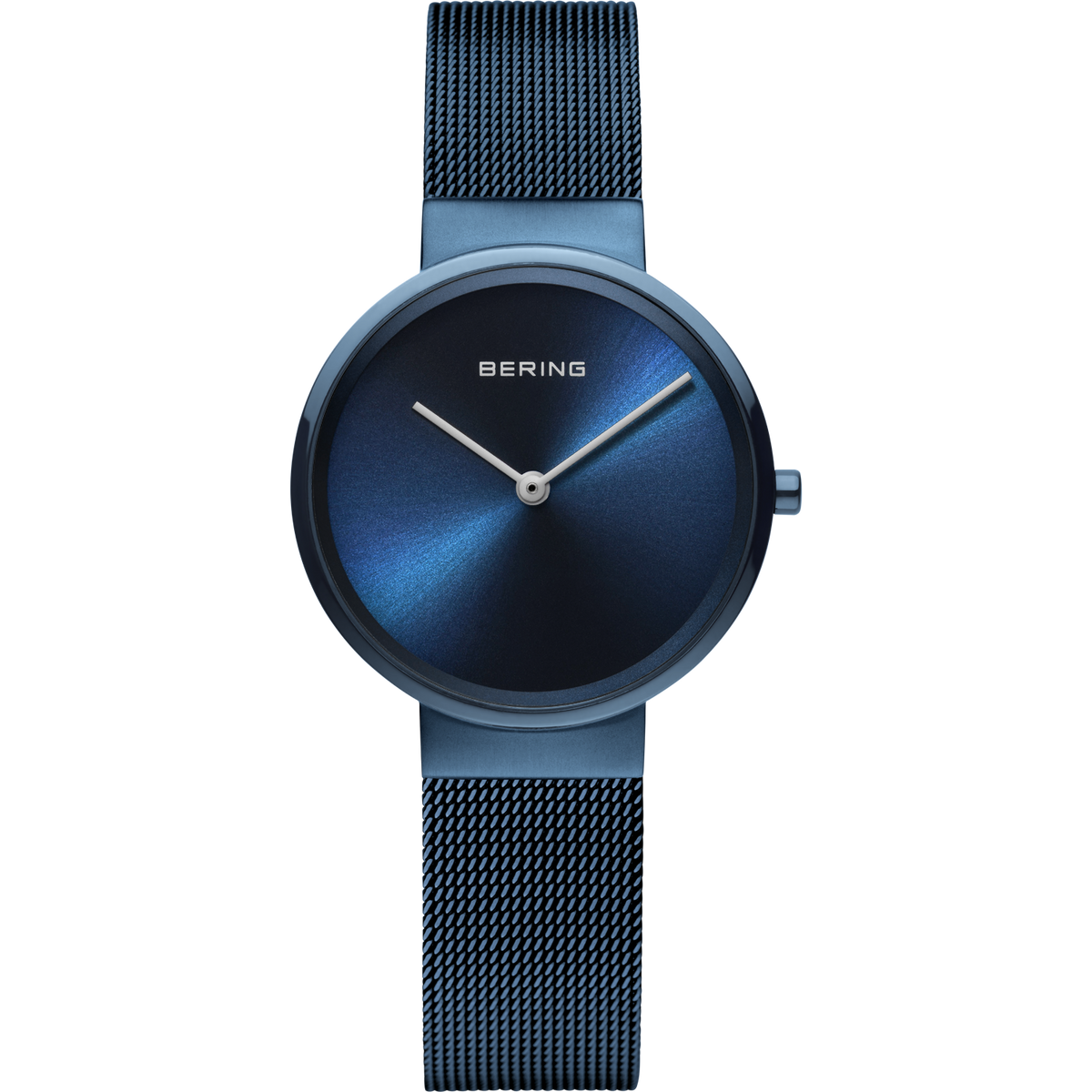 Reloj BERING con esfera azul marino y correa de malla azul, diseño minimalista, vista frontal.