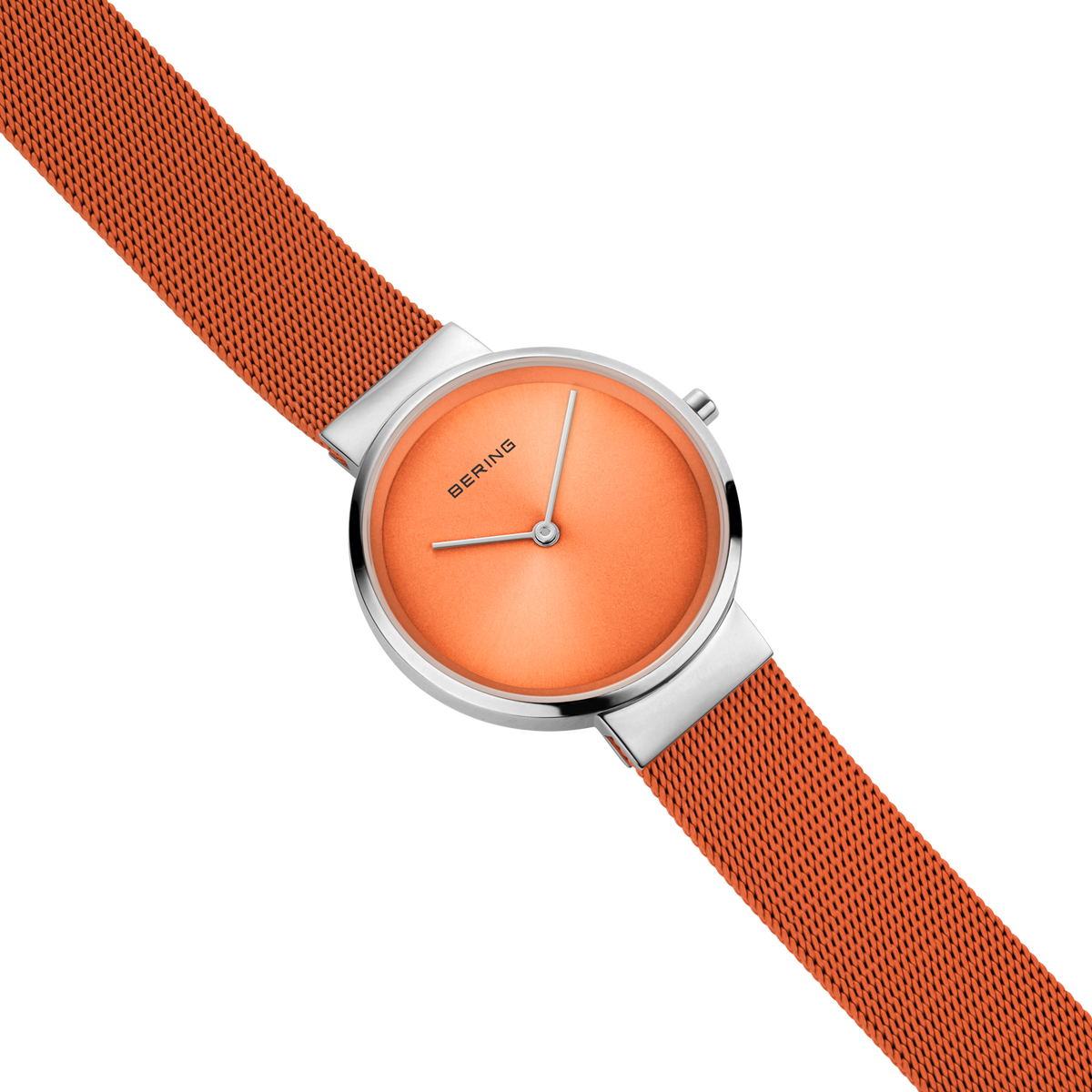 Reloj Mini esfera sunray malla naranja y plateado