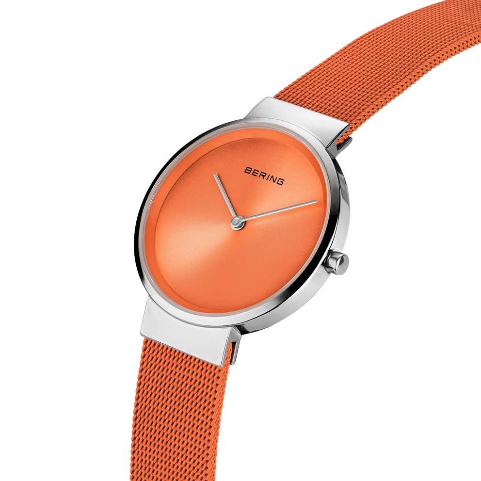 Reloj Mini esfera sunray malla naranja y plateado