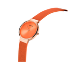 BERING 14531-565 watch with orange dial and textured fabric strap, shown at an angle from the side.