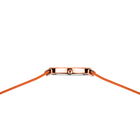 Top-down view of BERING watch: rose gold rectangular case with orange woven textile band