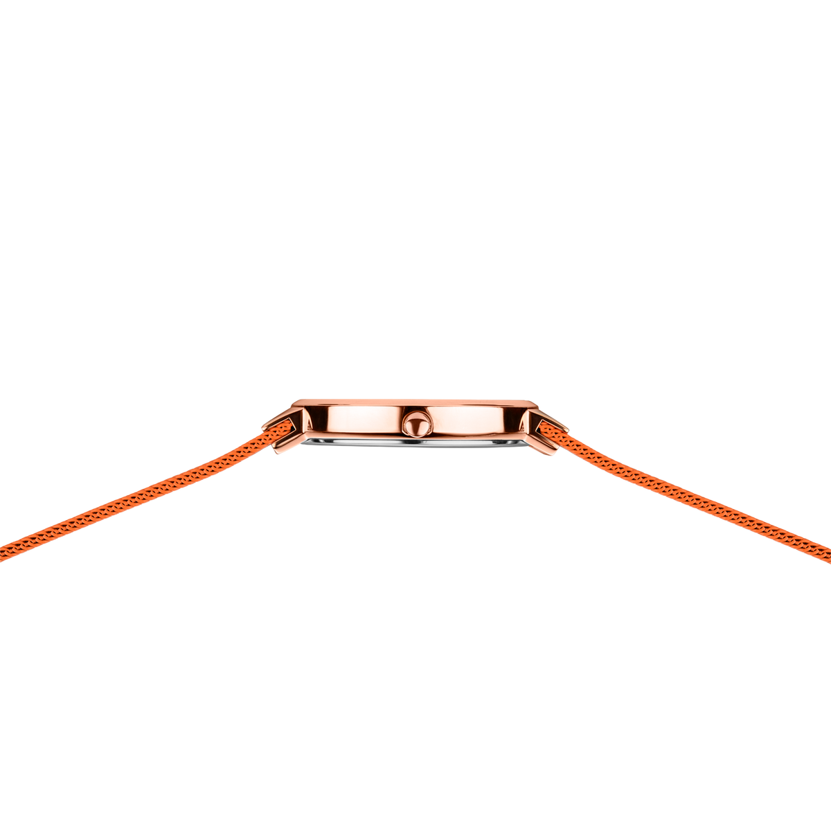 Top-down view of BERING watch: rose gold rectangular case with orange woven textile band