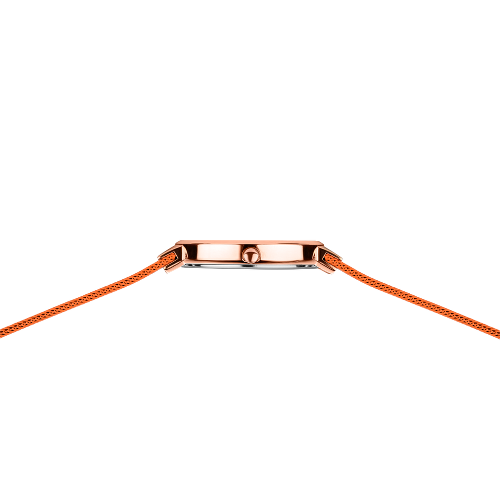 Top-down view of BERING watch: rose gold rectangular case with orange woven textile band