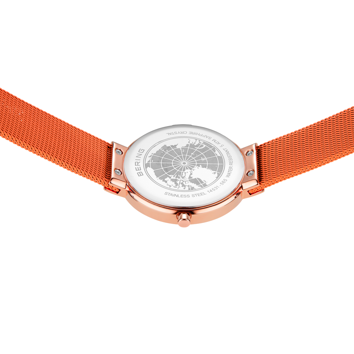 Wristwatch with rose-gold case and orange fabric strap, viewed from above with patterned dial.