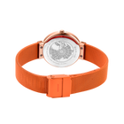 Wristwatch with orange mesh band and magnetic clasp, back view