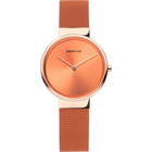 BERING watch with coral dial and metal mesh band, front view